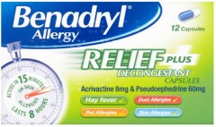 Benadryl Allergy Relief Plus Decongestant Capsules Pack of 12