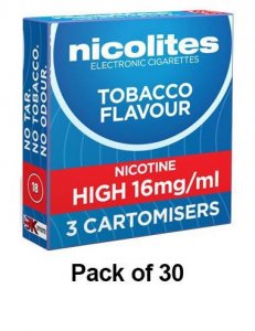 Nicolites Refills High Strength Tobacco Flavour Pack of 3 (30 Packs)